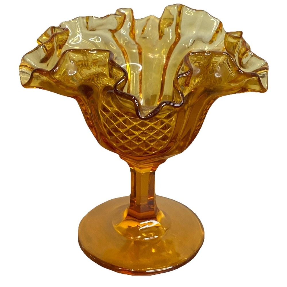 Vintage Fenton Amber Glass Thumbprint Ruffled Edge Pedestal‎ Compote Candy Dish
